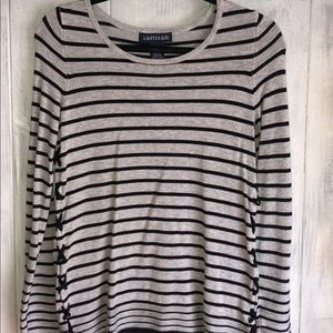 Grey with black stripes sweater. Cute side detail
